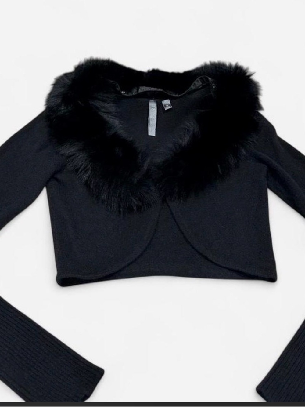 Cropped Black Women's Cardigan with removable Faux Fur Collar